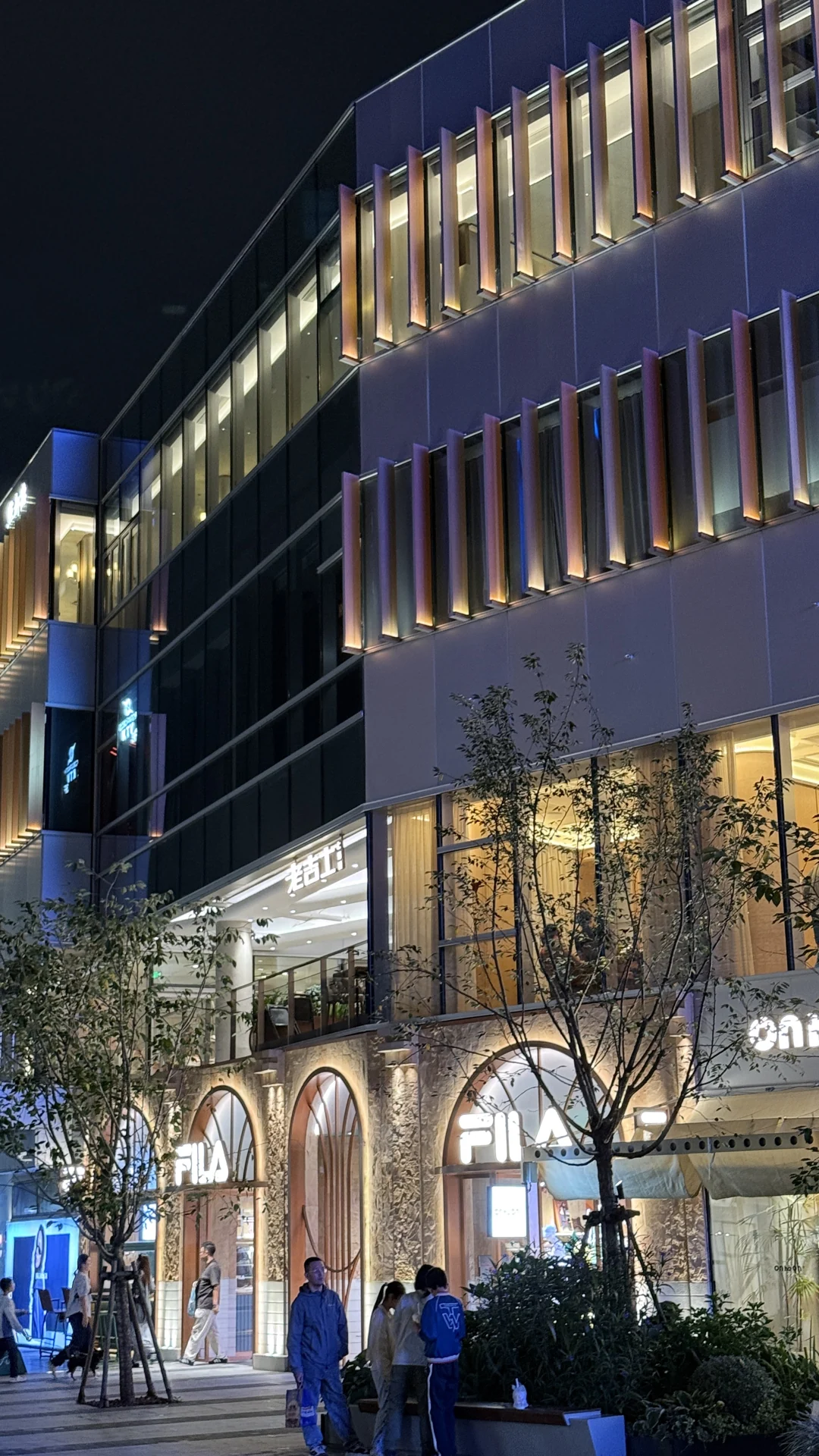 西岸梦中心街区里的店铺、树木和亮灯的建筑立面